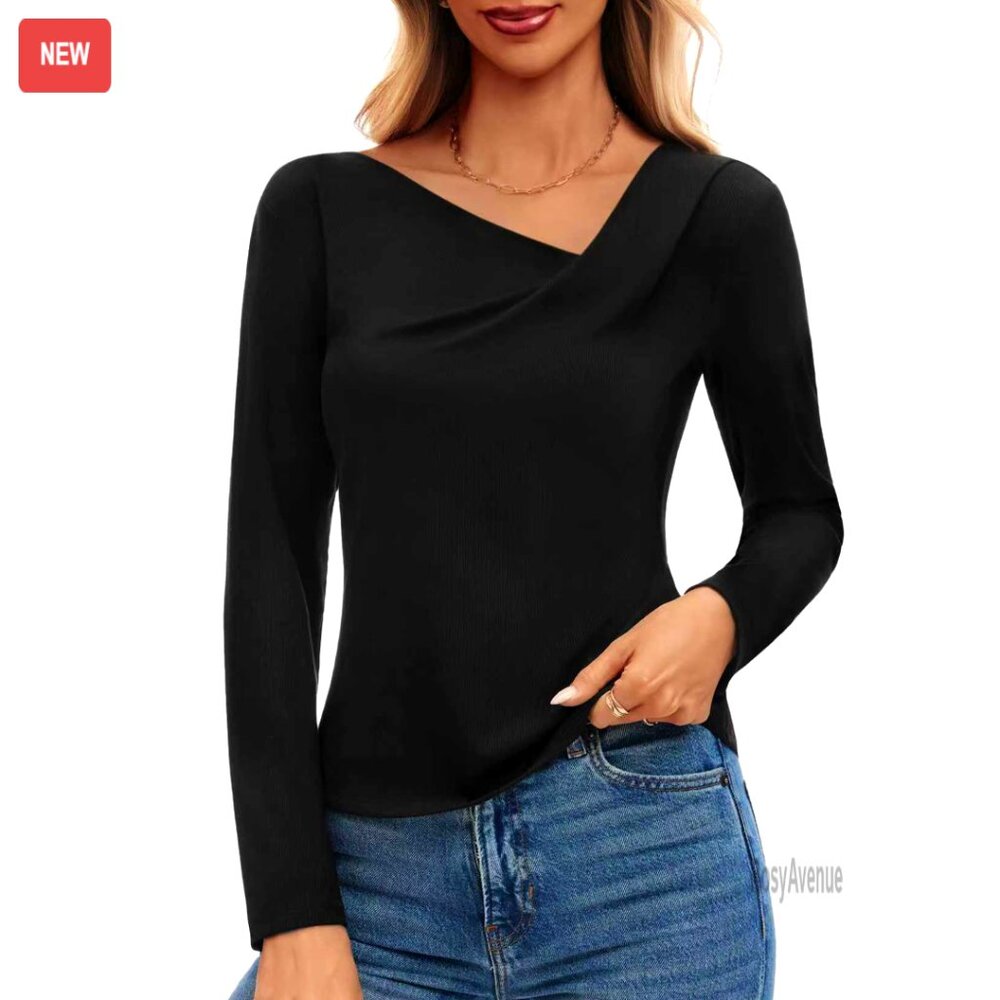 Long Sleeve Asymmetrical Cowl Neck Ribbed Top Dressy Shirt